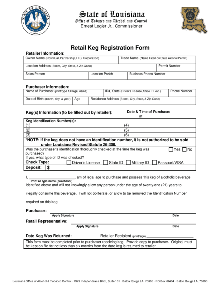 Retail Keg Registration Form Preview on Page 1