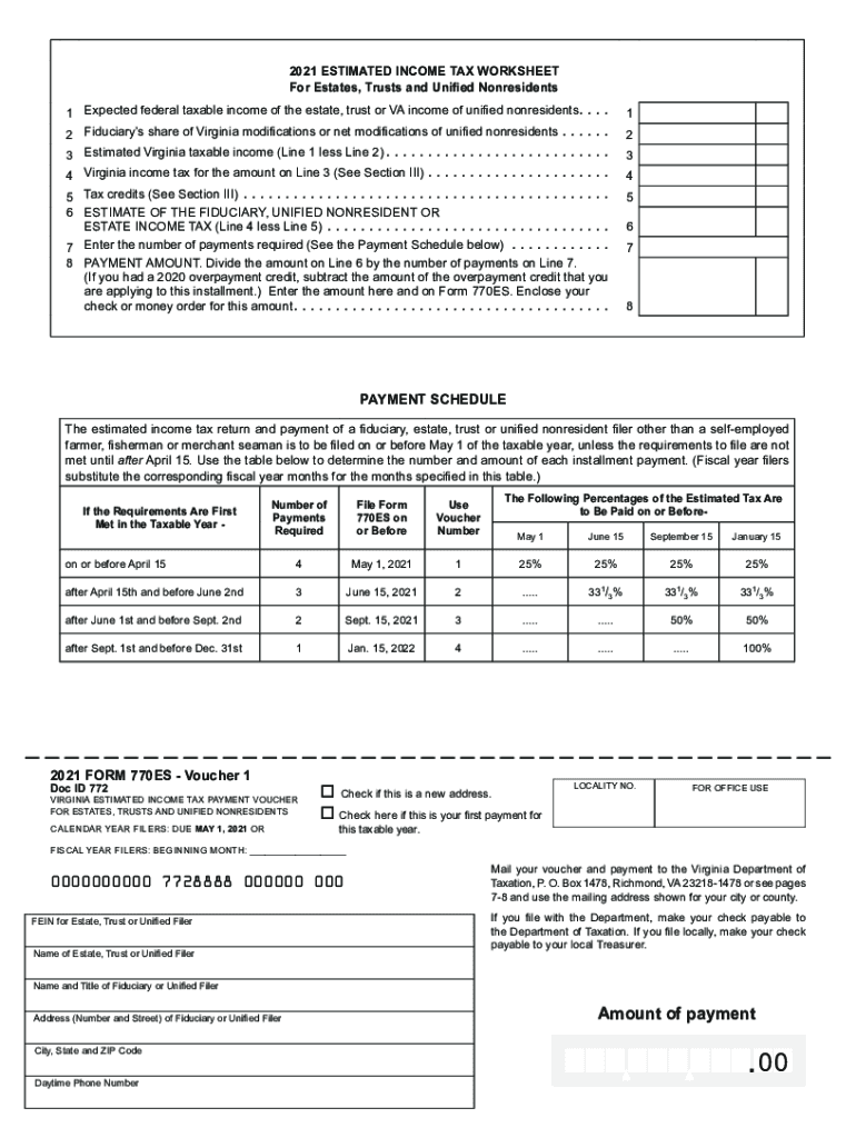 2021 Form 770ES, Virginia Estimated Income Tax Payment Vouchers for Estates, Trusts, and Unified Nonresidents Preview on Page 1