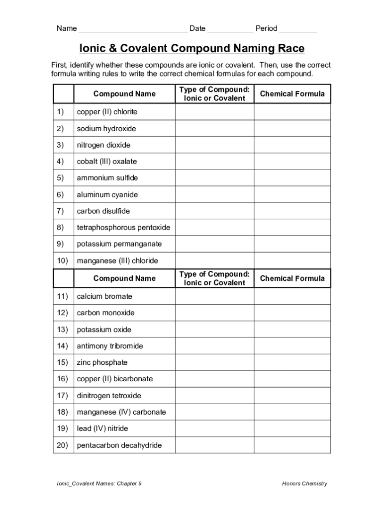 Ionic And Covalent Compound Naming Fill Online, Printable, Fillable