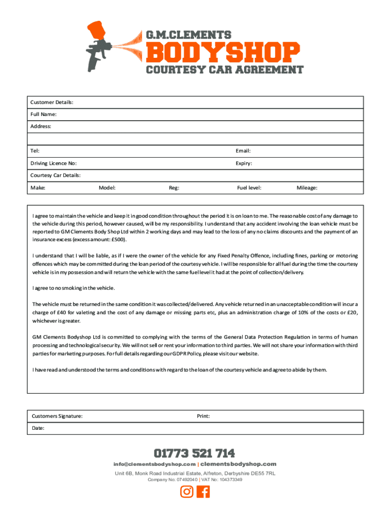 2019 2026 Form UK G M Clements Bodyshop Courtesy Car Agreement Blank 