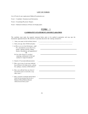List of Forms for pre-employment Medical Examination are: