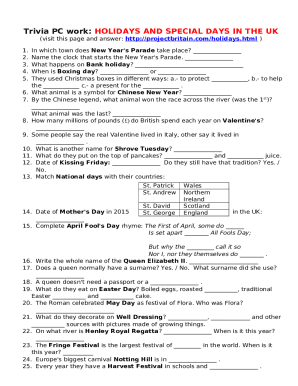 Trivia PC work: HOLIDAYS AND SPECIAL DAYS IN THE UK