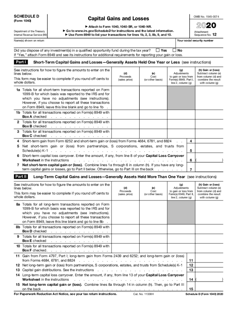 IRS 1040 Schedule D 2020 Fill out Tax Template Online US Legal Forms