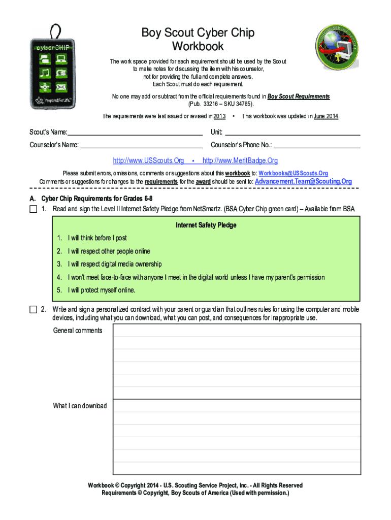 Fillable Online Cyber Chip Requirements for Grades 1-3Boy Scouts of ...
