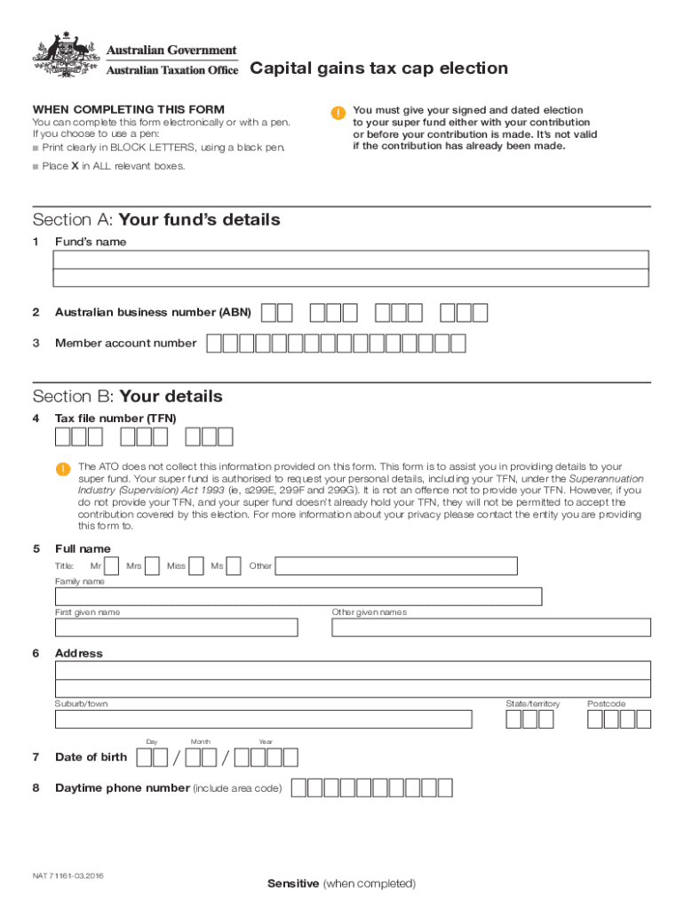 Capital gains tax cap election form - Prime Super Preview on Page 1