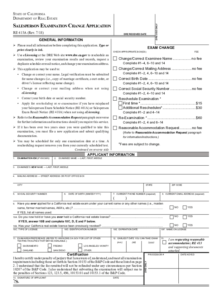 Salesperson Examination Change Application (RE 415A), Rev 7 18 Preview on Page 1