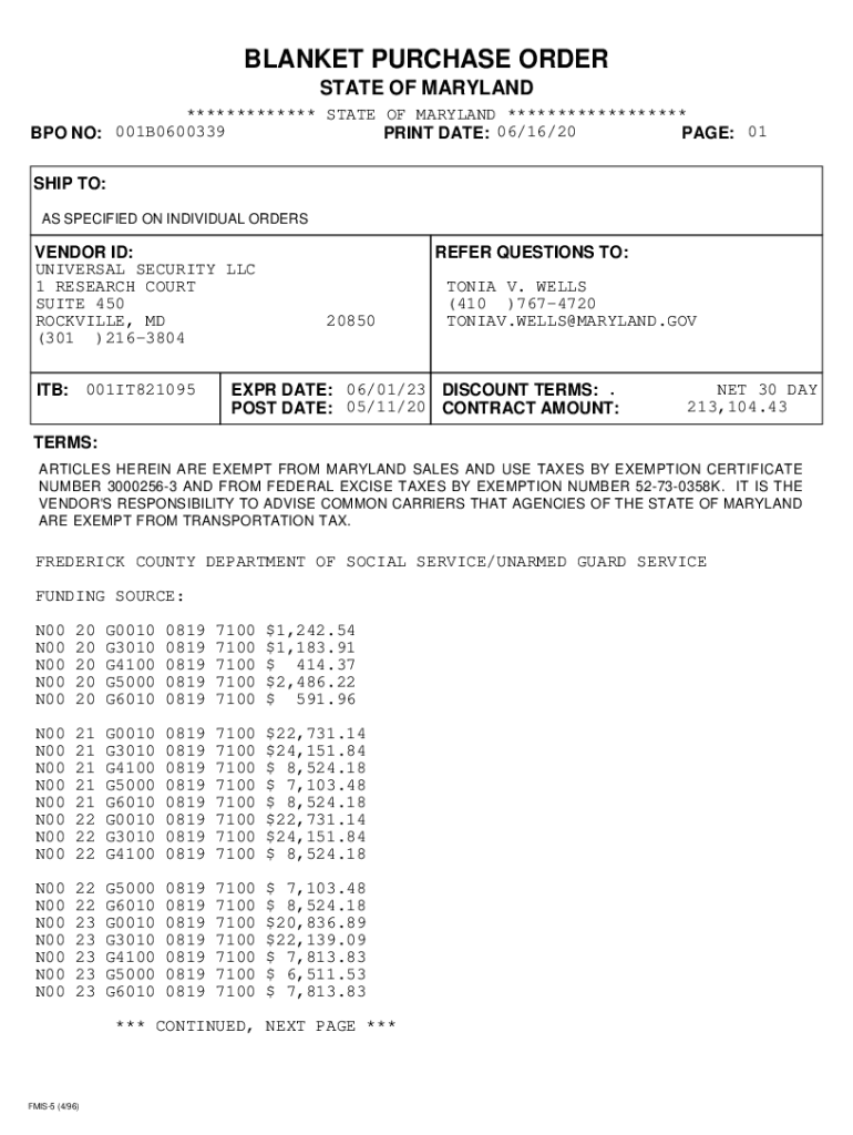 Fillable Online dgs maryland PDF version of FMIS Blanket Purchase Order. Blanket Purchase Order