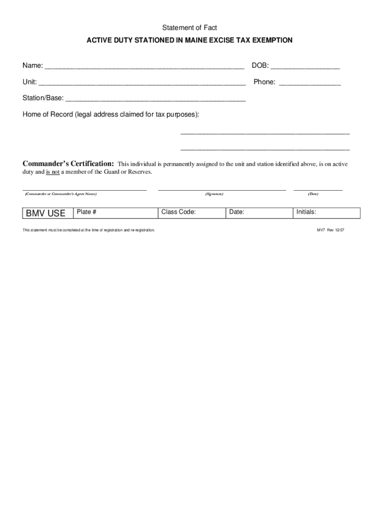 Fillable Online Form MV7 "Active Duty Stationed in Maine Excise Tax