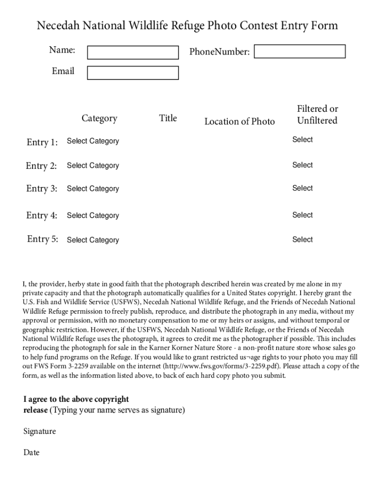 Necedah National Wildlife Refuge Photo Contest Entry Form Preview on Page 1