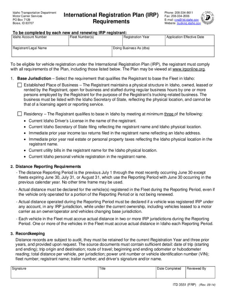 International Registration Plan (IRP) Requirements FormITD3551 International Registration Plan (IRP) Preview on Page 1