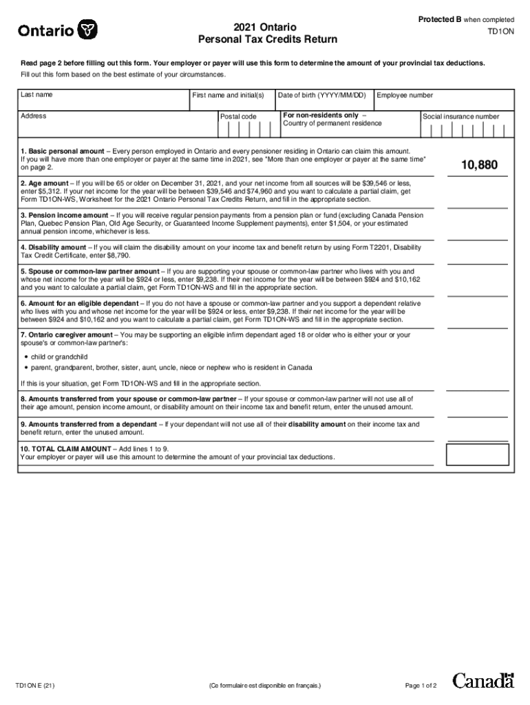 2021 Form Canada TD1ON Fill Online Printable Fillable Blank PdfFiller