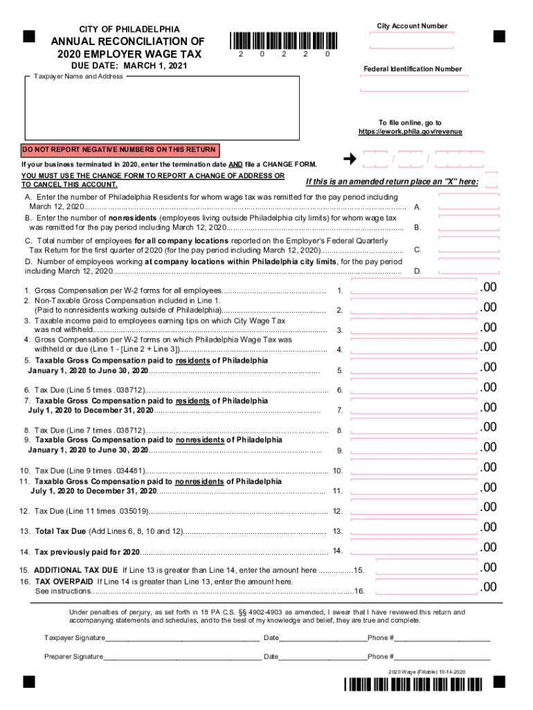 2020 2023 Form PA Annual Reconciliation Of Employer Wage Tax City Of 