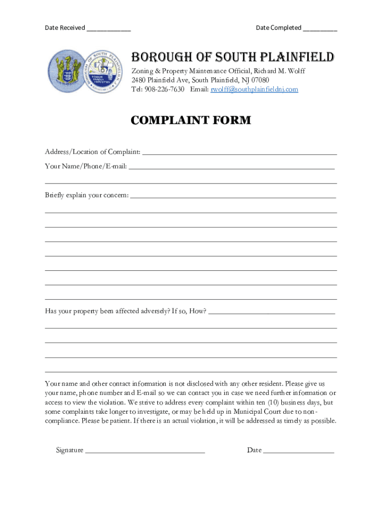 Fillable Online Complaint Form Borough of South Plainfield Fax Email