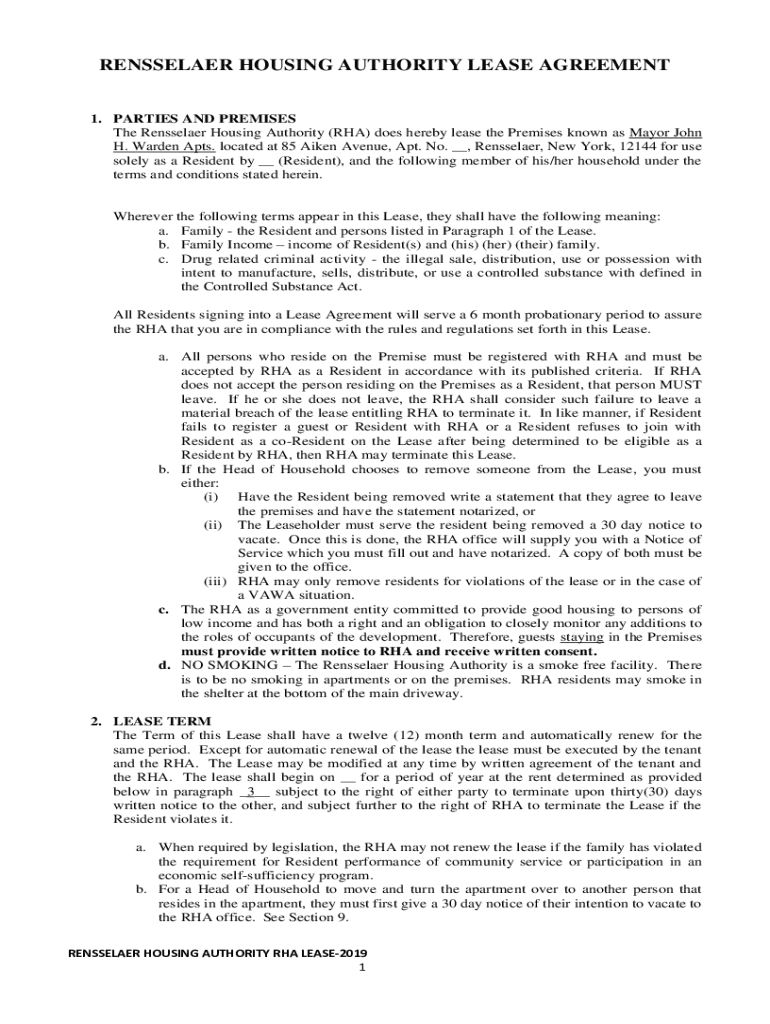Fillable Online RENSSELAER HOUSING AUTHORITY LEASE AGREEMENT Fax Email