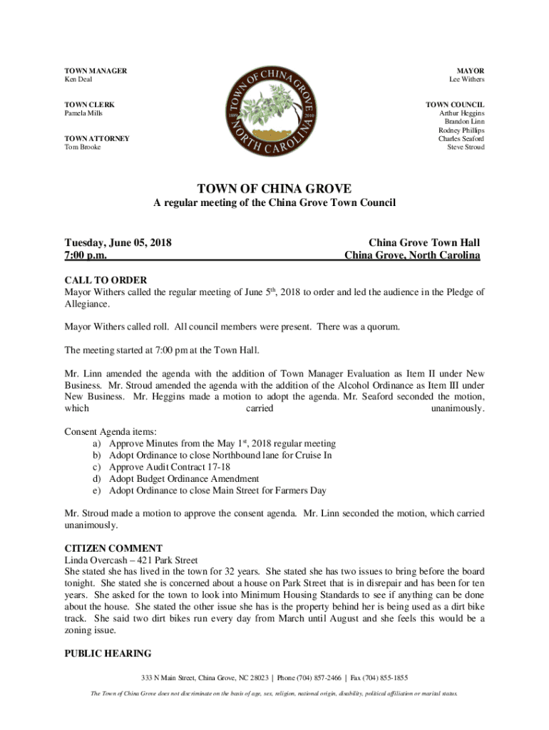 Fillable Online China Grove Town Hall Fax Email Print pdfFiller