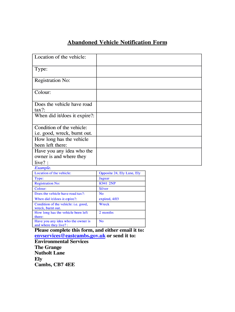 Fillable Online eastcambs gov Report an Abandoned Vehicle eastcambs