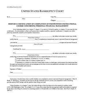 Debtor's Certification of Completion of Personal Financial Management Course