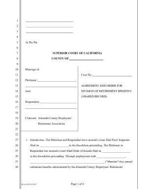 Agreement and Order for Division of Retirement Benefits