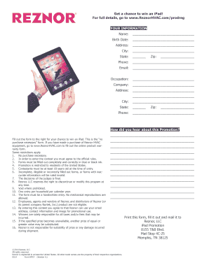 Reznor iPad Promotion Entry Form