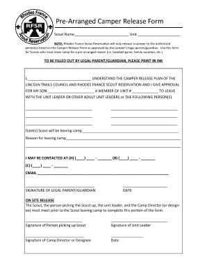Pre-Arranged Camper Release Form