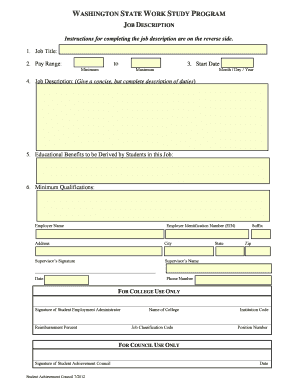 Washington State Work Study Job Description Form