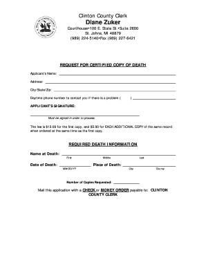 Request for Certified Copy of Death