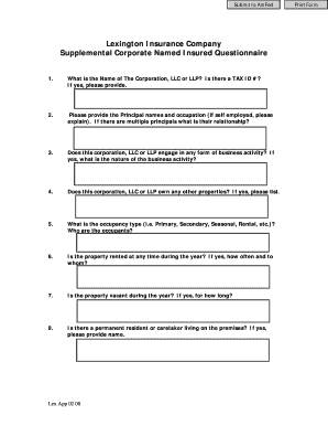 Supplemental Corporate Named Insured Questionnaire
