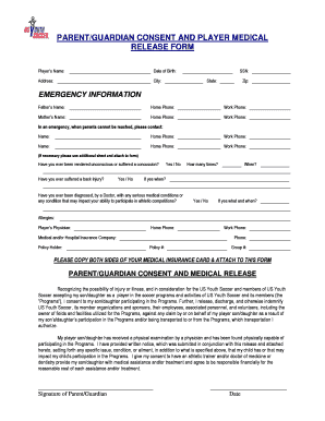 Parent Guardian Consent and Player Medical Release Form