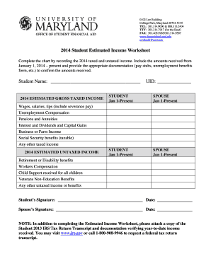 2014 Student Estimated Income Worksheet