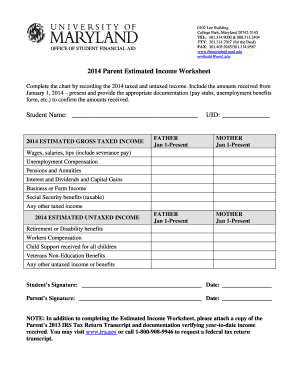2014 Parent Estimated Income Worksheet