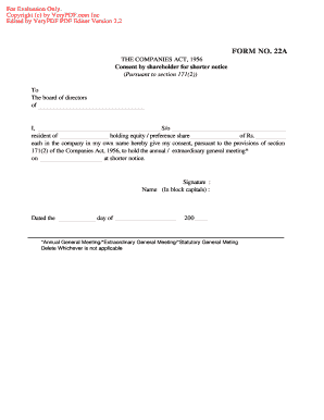 Consent by Shareholder for Shorter Notice