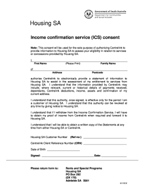 Housing SA Income Confirmation Consent Form