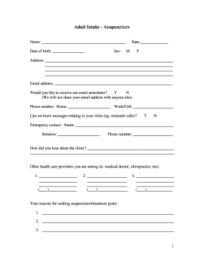 Adult Intake Form Acupuncture