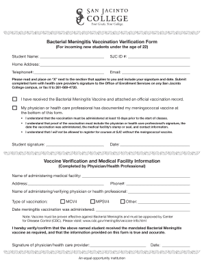 Bacterial Meningitis Vaccination Verification Form