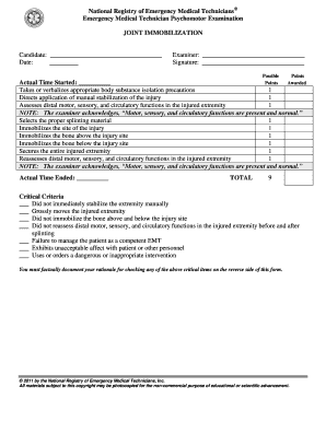 Emergency Medical Technician Joint Immobilization Form