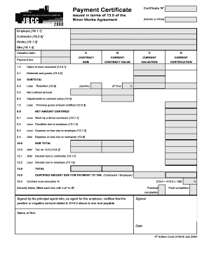 Payment Certificate for Minor Works Agreement