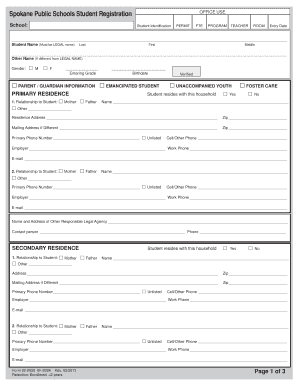 Spokane Public Schools Student Registration Form
