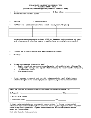 Meal and Snack Authorization Form