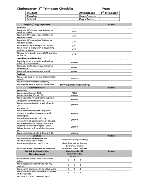 Kindergarten 1st Trimester Checklist