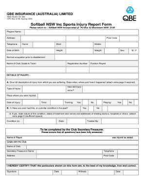 Softball NSW Inc Sports Injury Report Form