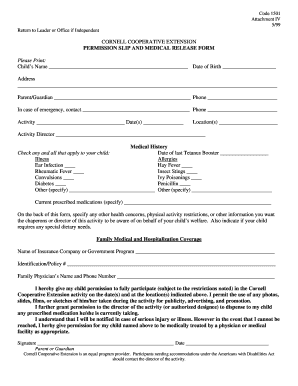 Cornell Cooperative Extension Permission Slip and Medical Release Form