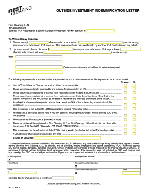 IRA Outside Investment Indemnification Letter