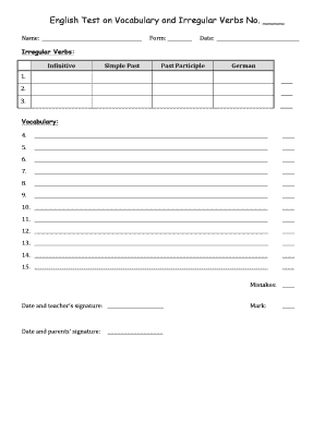 Fillable Online English Test on Vocabulary and Irregular Verbs No Fax ...