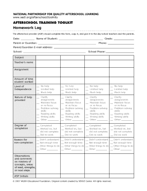 Afterschool Homework Log