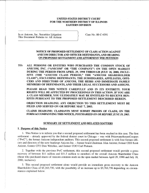 In re Anicom, Inc. Securities Litigation 00-CV-4391-Notice Of Proposed Settlement Of Class Action Aginst Anicom Director And Officer Defendants, And Hearing On Proposed Settlement And Attorneys' Fee Petition. In re Anicom, Inc. Securities -