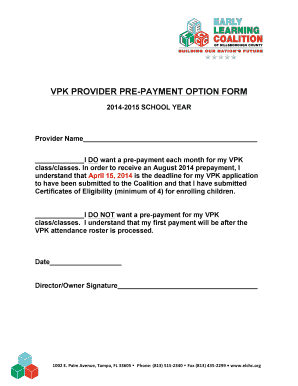VPK Provider Pre-Payment Option Form