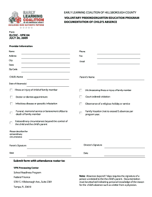 Voluntary Prekindergarten Absence Documentation Form