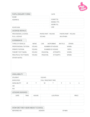 Motorcycle Driving Pupil Enquiry Form
