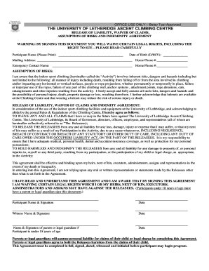 University of Lethbridge Climbing Centre Waiver