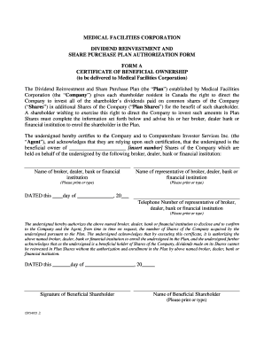 Medical Facilities Corporation Dividend Reinvestment Form